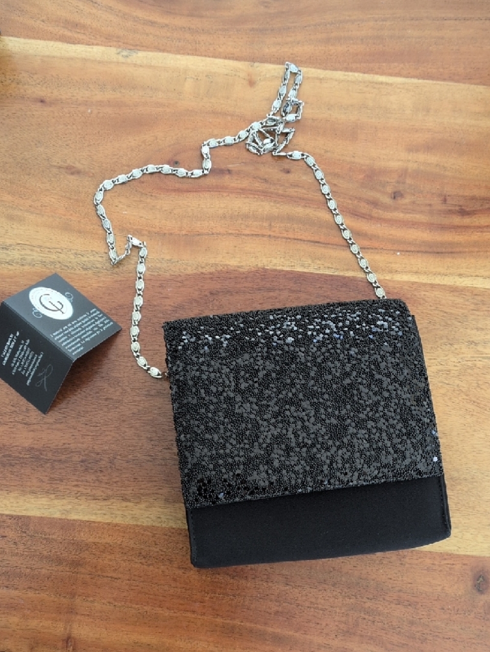 🆕 Italian Black Beaded Crossbody Bag with Silver Chain